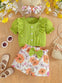 Girls' Summer Fashion Solid Color Versatile Bubble Sleeve Lace Button Round Neck Top with Bow Flower Print and Waistband Shorts Set Suitable for Going Out, Perfect for Outdoor FD6146H
